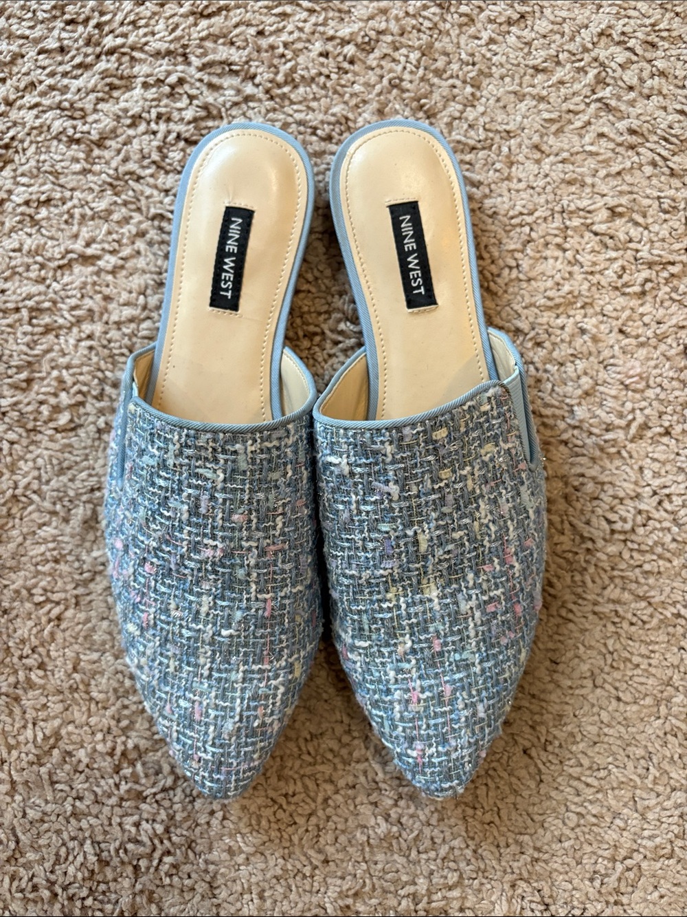 Nine West Women’s Light Blue Tweed Slip-On Mules